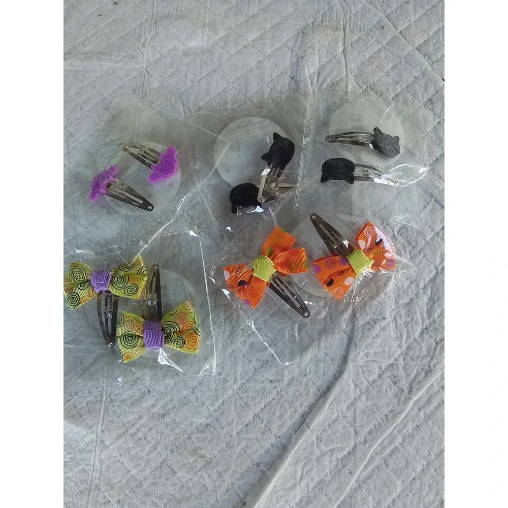 Halloween Party Favor Lot Hair Clips Bows and Mini Skeletons Neon Assortment